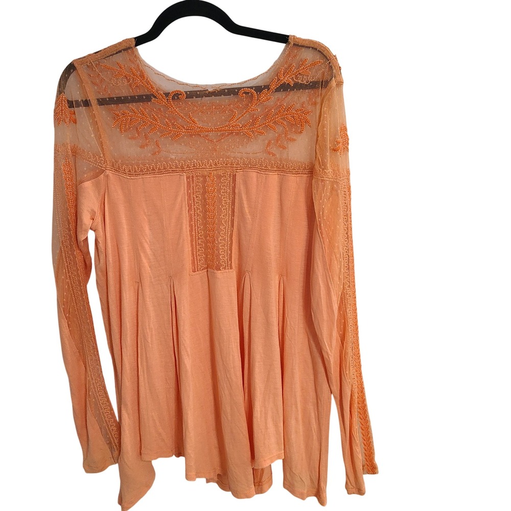 Free People Peach Embroidered Mesh Lace Boho Blouse Top Medium Long Sleeve